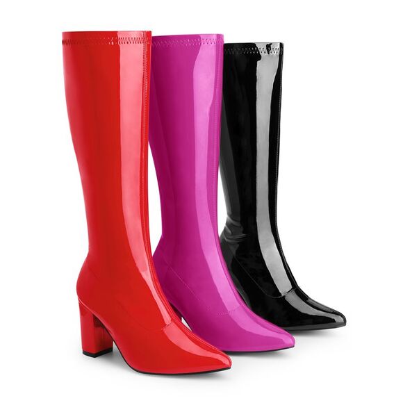GoGo Boot Patent Leather Chunky Heels Hot Pink Knee High Boots - Picture 2 of 6
